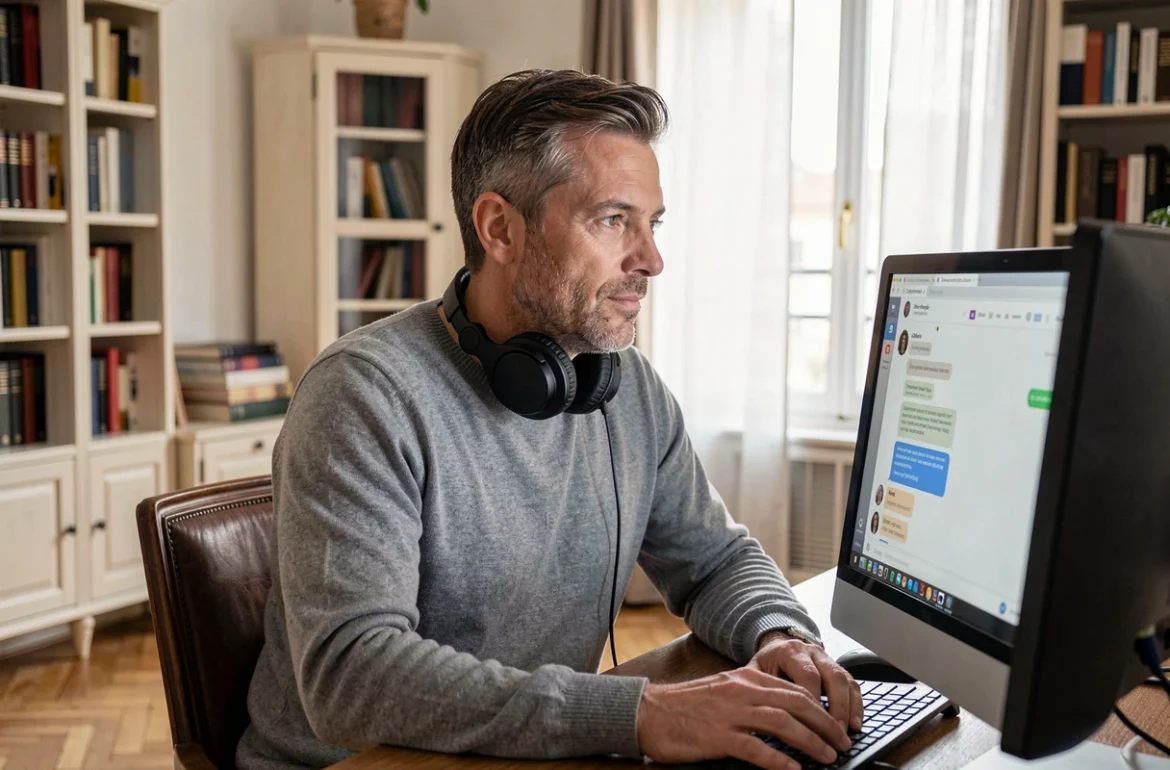 Homme d'une quarantaine d'années utilisant une plateforme de discussion en ligne depuis son appartement en France, alternative à Coco