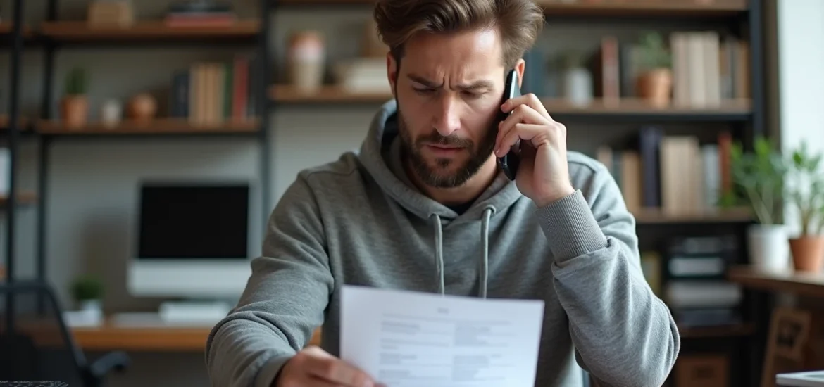 Homme au téléphone vérifiant sa facture d'appel Sony PlayStation pour éviter les numéros surtaxés