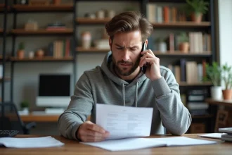 Homme au téléphone vérifiant sa facture d'appel Sony PlayStation pour éviter les numéros surtaxés