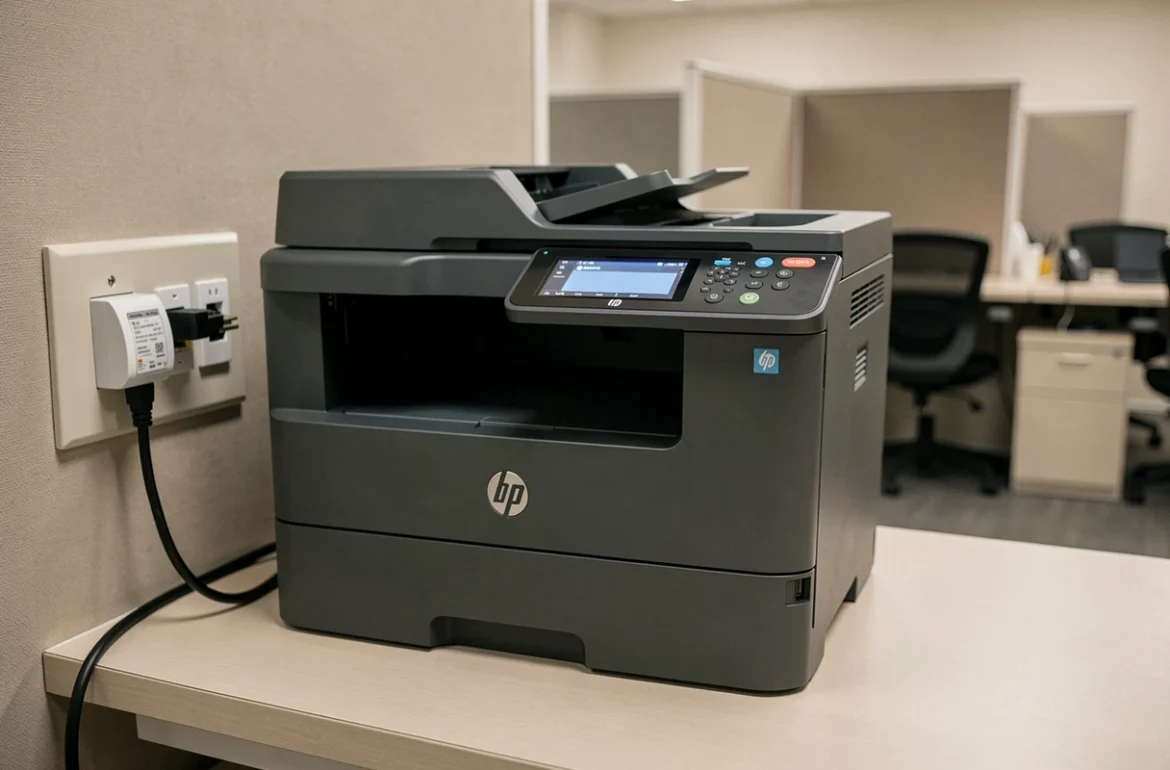 Imprimante HP réseau connectée à un switch ethernet sur un comptoir de bureau partagé