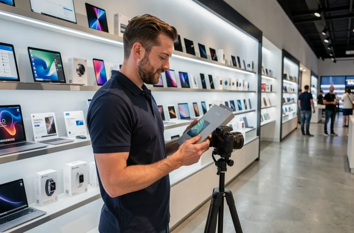 Influenceur masculin filmant un unboxing produit tech dans un magasin d'électronique moderne