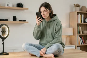 Influenceuse tech enregistrant une vidéo de présentation de smartphone dans un bureau home studio minimaliste