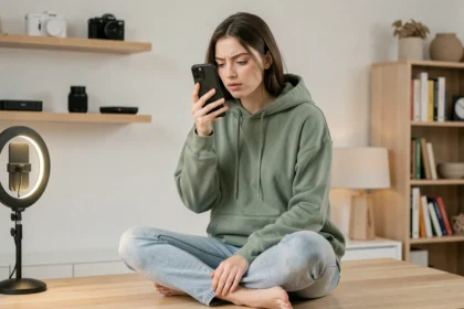 Influenceuse tech enregistrant une vidéo de présentation de smartphone dans un bureau home studio minimaliste