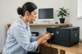 Femme installant une imprimante HP réseau en connectant un câble ethernet dans un petit bureau moderne