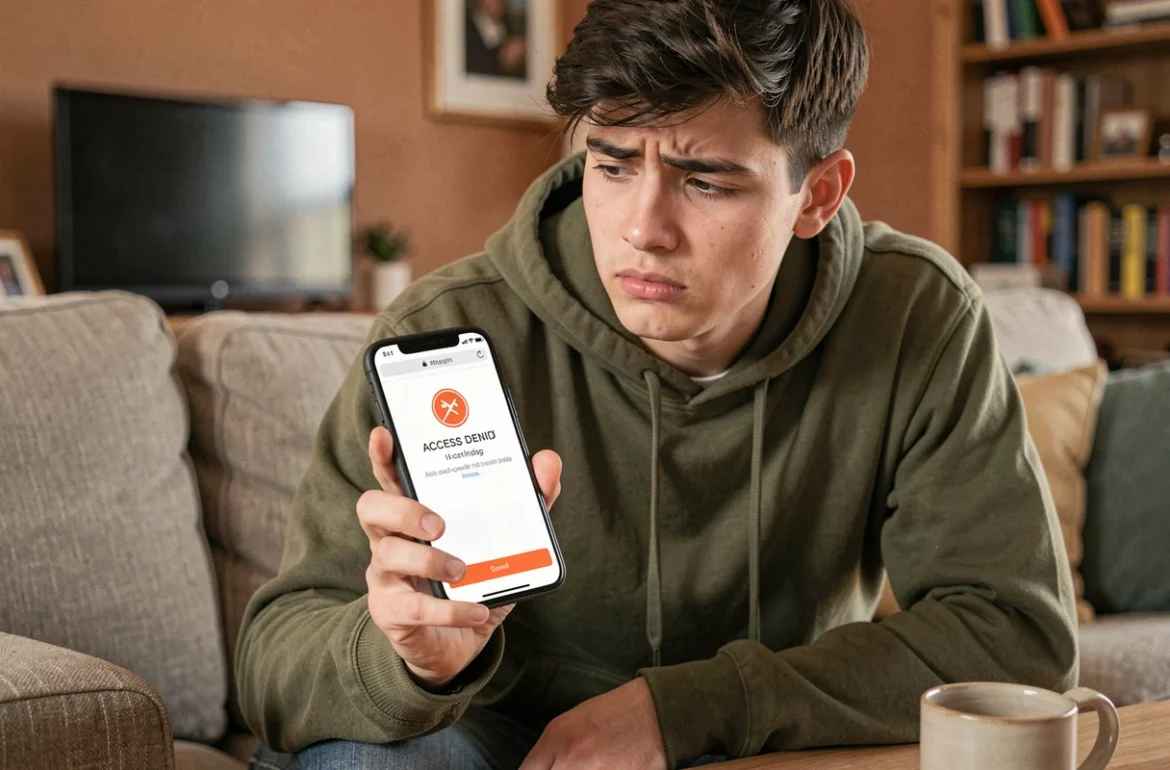 Jeune adulte consultant son smartphone affichant une erreur d'accès refusé sur un navigateur mobile dans son salon