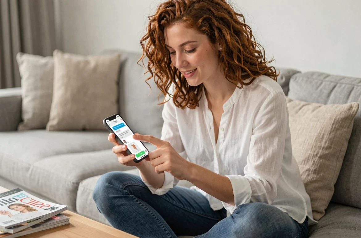 Jeune femme interagissant avec un chatbot d'e-commerce sur son smartphone dans son salon
