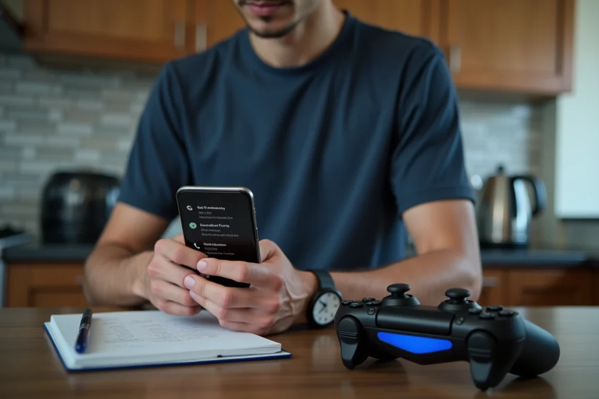 Jeune homme consultant son journal d'appels et calculant le coût des appels au support PlayStation