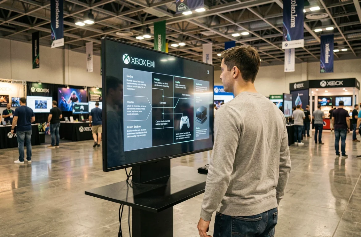 Journaliste gaming analysant la feuille de route Xbox next-gen sur un écran lors d'un salon du jeu vidéo