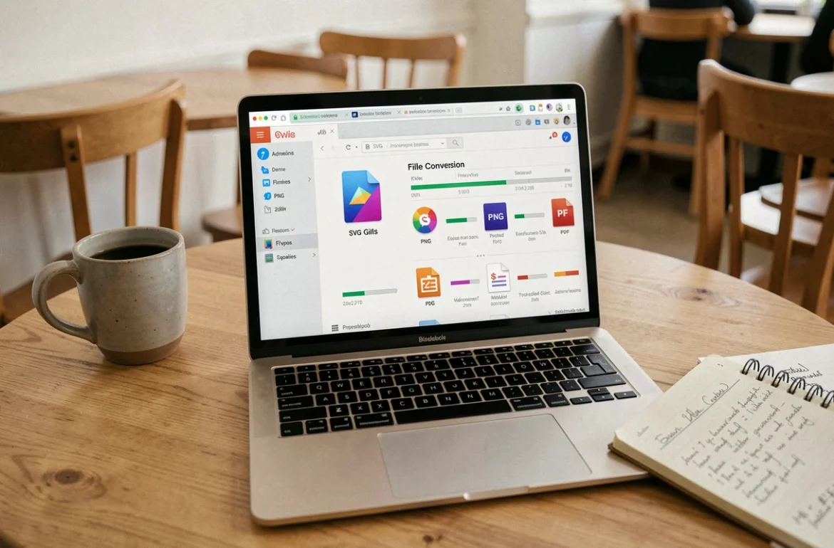 Vue rapprochée d'un laptop affichant un logiciel de conversion SVG vers PNG et PDF sur une table en bois