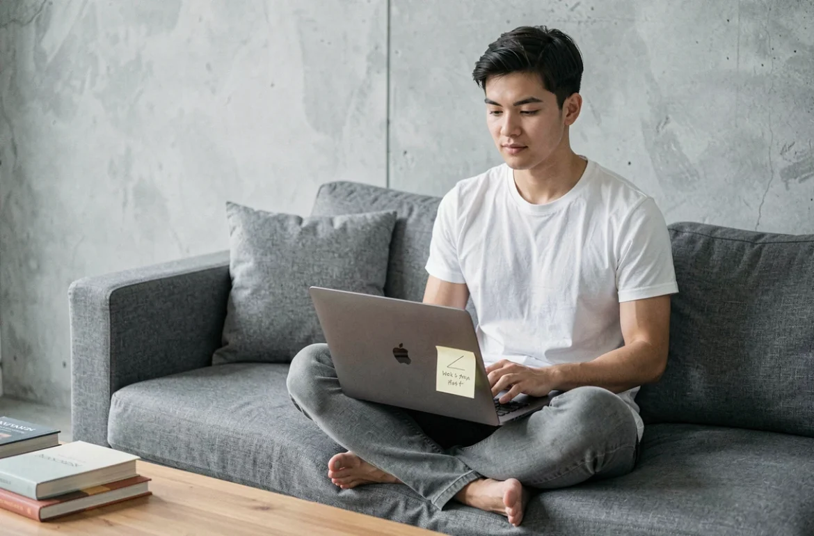 Jeune personne consultant un mémo sur son laptop Windows avec le raccourci antislash noté sur un post-it