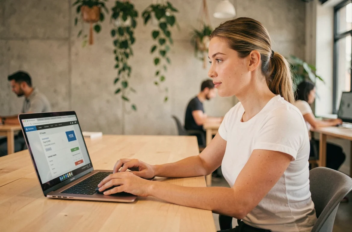 Femme mesurant sa vitesse de clic par seconde sur un ordinateur portable dans un espace de coworking moderne