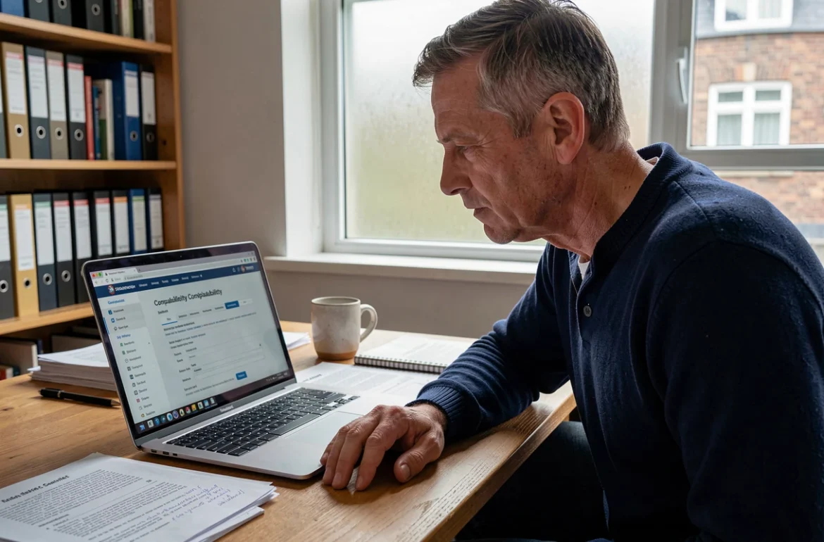 Homme consultant la documentation technique pour configurer son navigateur web sur un portail intranet gouvernemental depuis son bureau à domicile