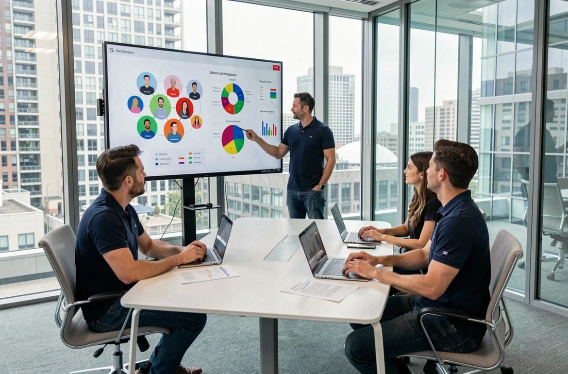 Présentation de données de segmentation marketing mobile lors d'une réunion d'équipe dans une salle de conférence moderne