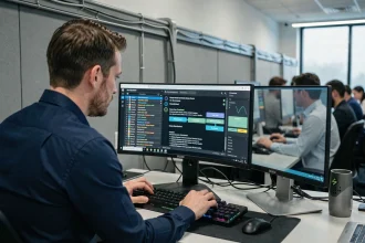 Professionnel informatique accédant à un tableau de bord de cybersécurité sur un poste de travail à deux écrans en 2026
