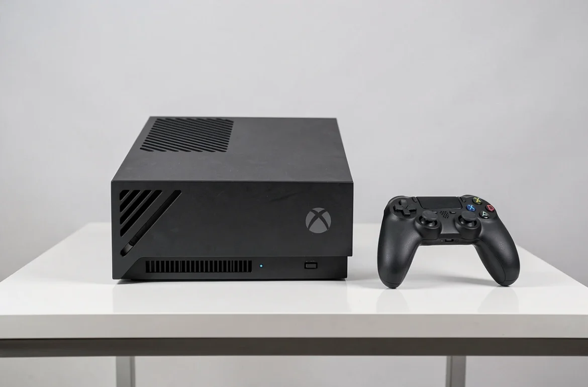 Prototype de la prochaine console Xbox et manette next-gen sur fond blanc en session éditoriale