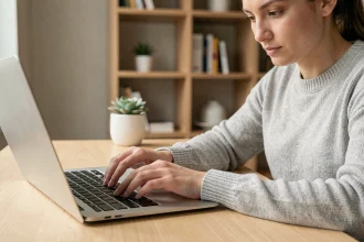 Femme utilisant le raccourci antislash sur un clavier MacBook dans un bureau à domicile moderne