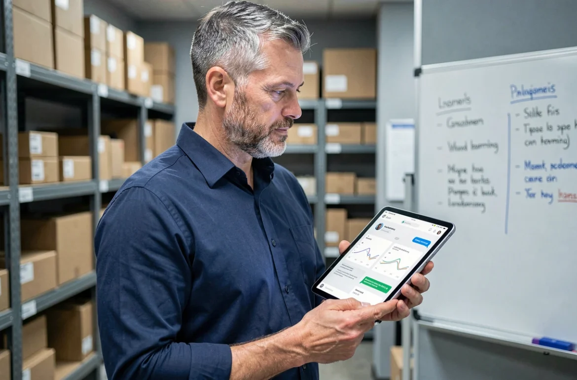 Responsable e-commerce analysant les statistiques d'engagement d'un chatbot sur une tablette