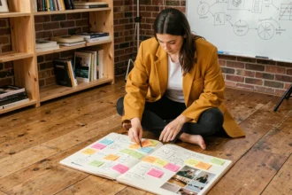 Jeune fondatrice de marque travaillant sur une stratégie de storytelling digital dans un studio créatif
