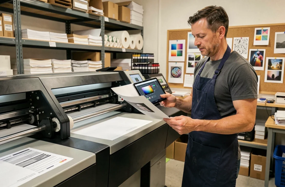Technicien en imprimerie comparant une feuille A4 imprimée à une résolution 300 DPI affichée sur une tablette numérique