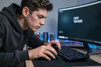 Joueur concentré effectuant un test de clics par seconde sur sa souris gaming lors d'un entraînement à domicile