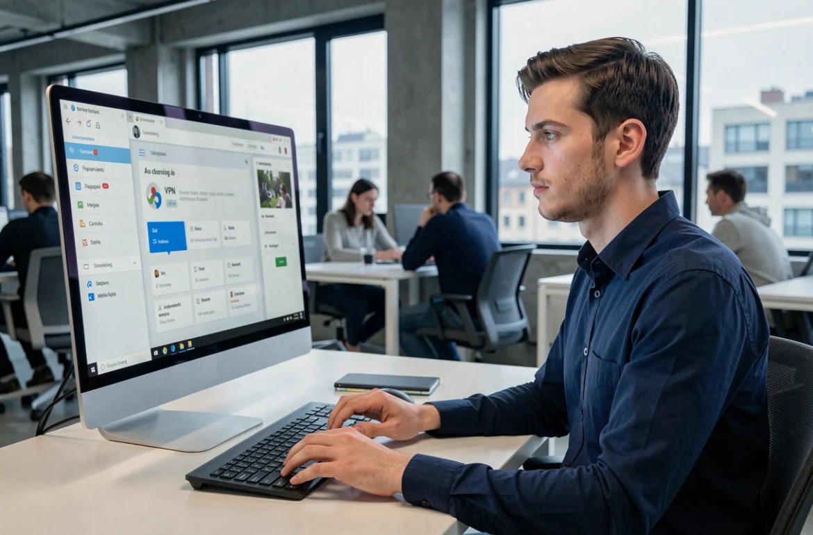 Jeune professionnel utilisant un VPN pour accéder à distance à l'intranet de Lyon 3 depuis un espace de coworking international