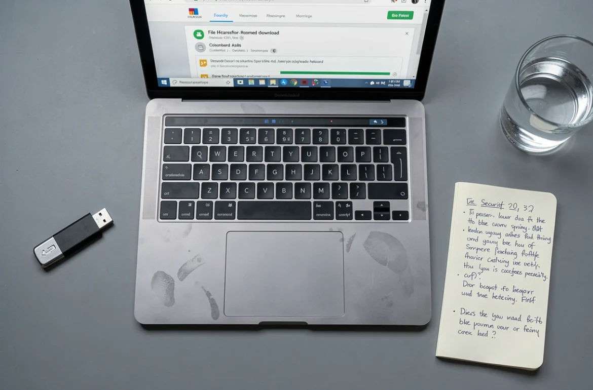Vue de dessus d'un ordinateur portable avec une page de téléchargement protégée par mot de passe SwissTransfer