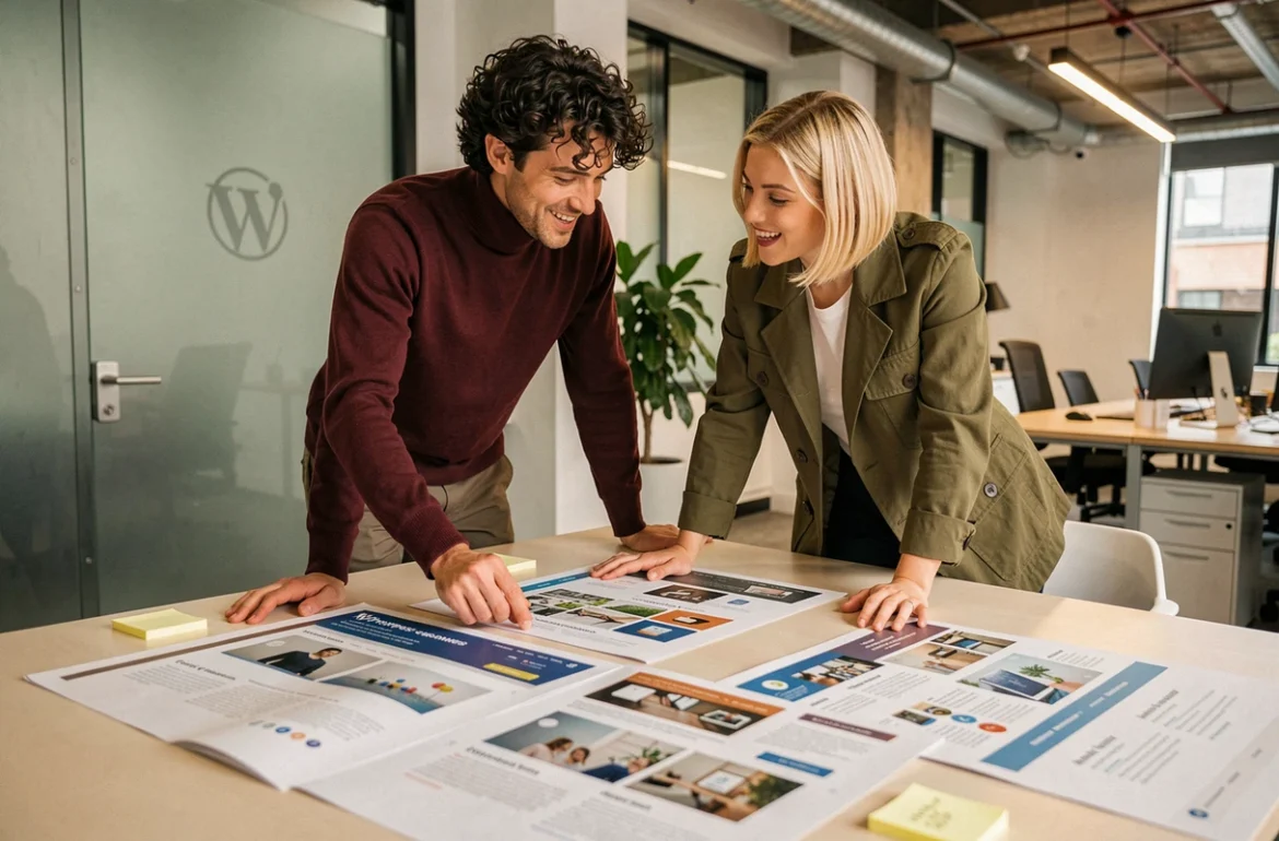 Les deux associés de l'agence DoubleDouble Agency analysant des maquettes imprimées d'un projet e-commerce WordPress dans leur bureau moderne