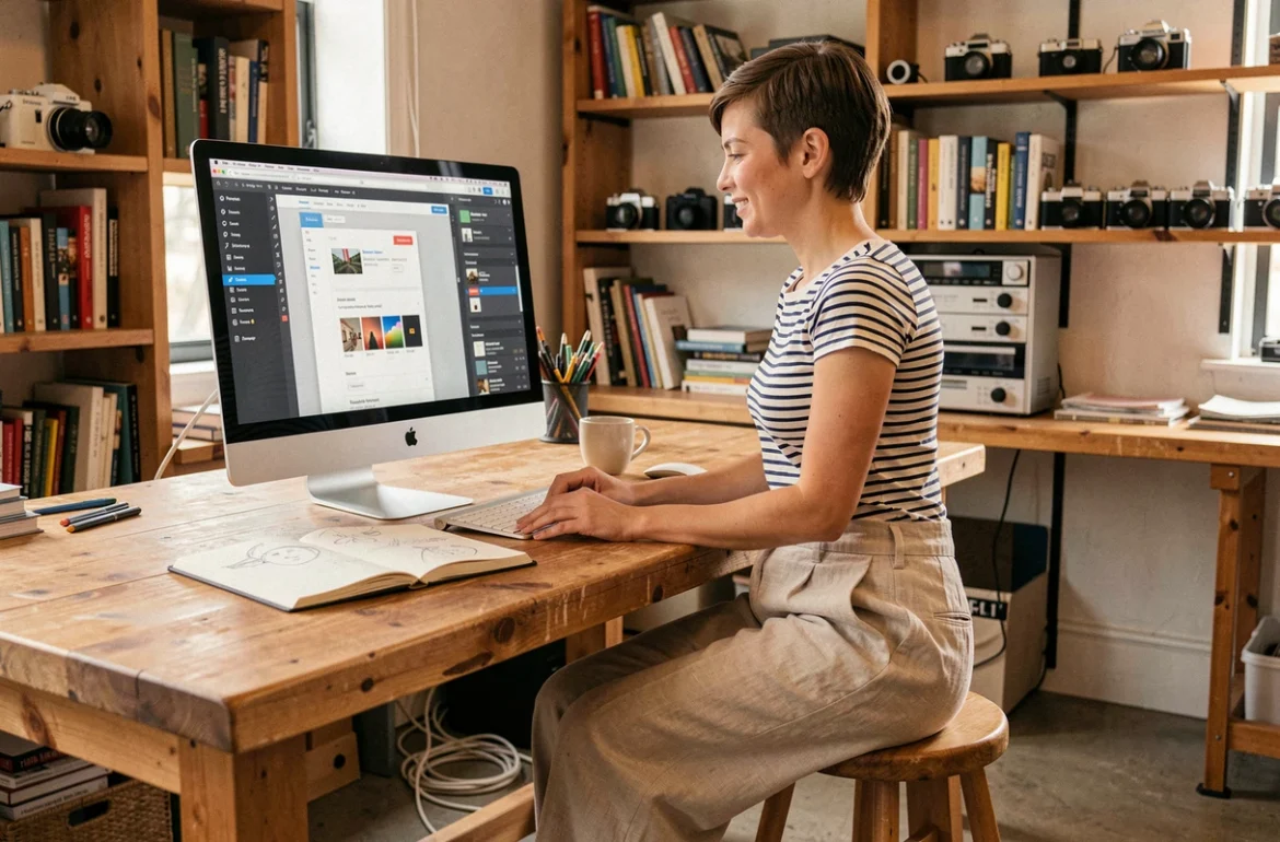 Créatrice indépendante du studio Jesuisfreelance personnalisant un thème WordPress dans un atelier chaleureux aux détails artisanaux