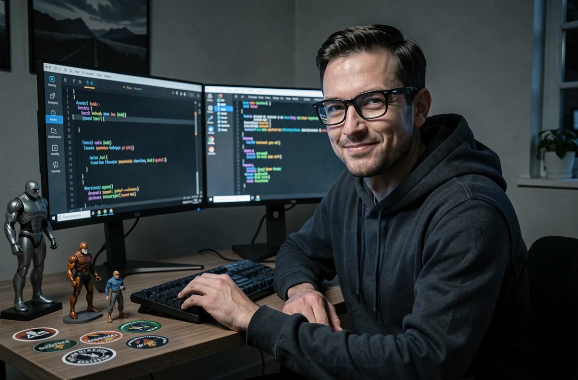 Développeur de l'agence Jesuisundev.com codant un plugin WordPress personnalisé dans un bureau à domicile sombre avec une esthétique de programmeur