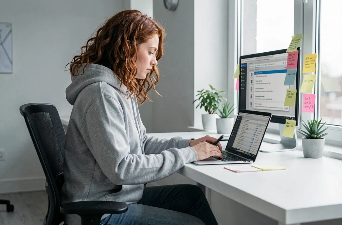 Développeuse spécialisée en maintenance WordPress concentrée sur l'analyse de logs de mise à jour dans un bureau minimaliste