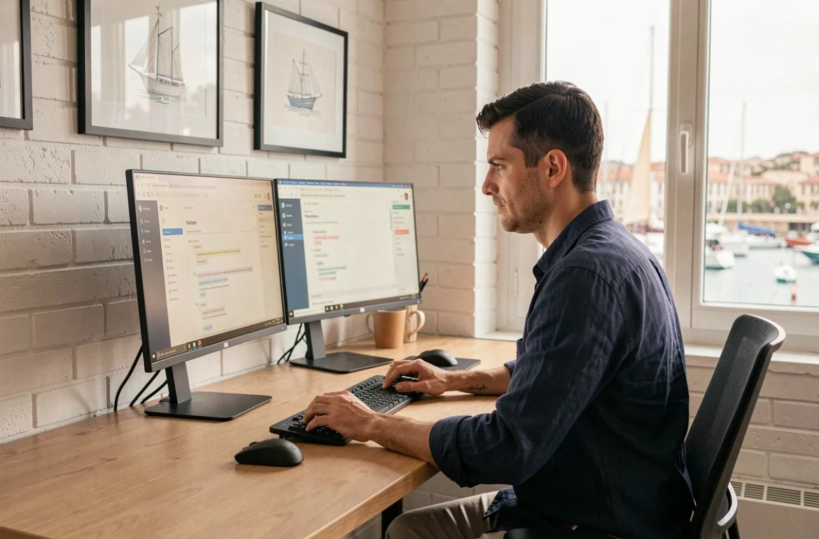Développeur de l'agence Quai 13 travaillant sur une architecture de site WordPress dans un studio au design épuré avec vue sur le Vieux-Port de Marseille