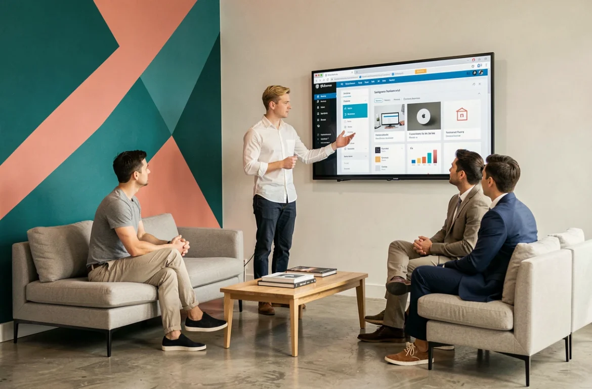 Concepteur de l'agence Snazzy présentant une interface WordPress moderne sur grand écran à une équipe dans un espace de travail au design audacieux