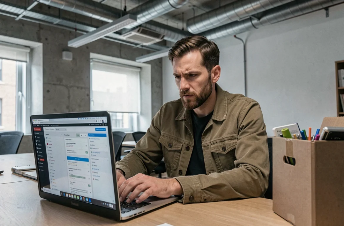 Développeur de l'agence Starter Suspended travaillant intensément sur des projets WordPress dans un espace de coworking à l'atmosphère transitoire