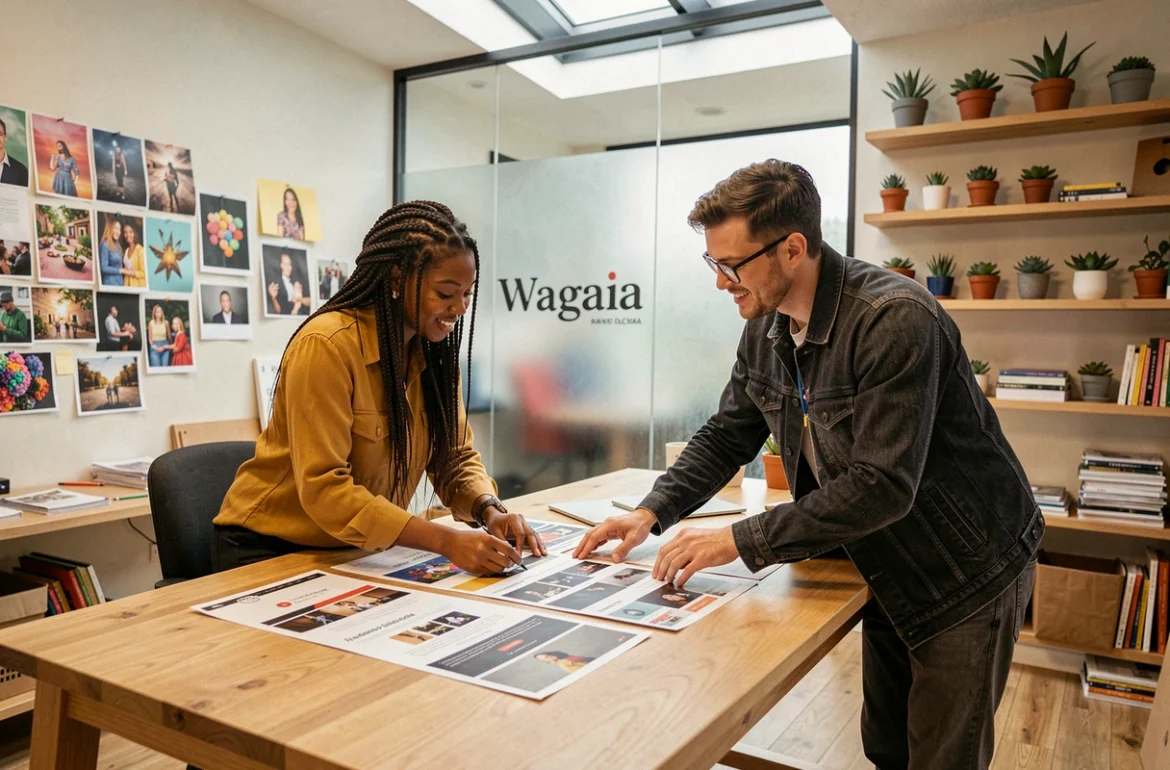 Deux designers de l'agence Wagaia collaborant sur des maquettes de sites web imprimées dans un studio créatif lumineux avec verrière