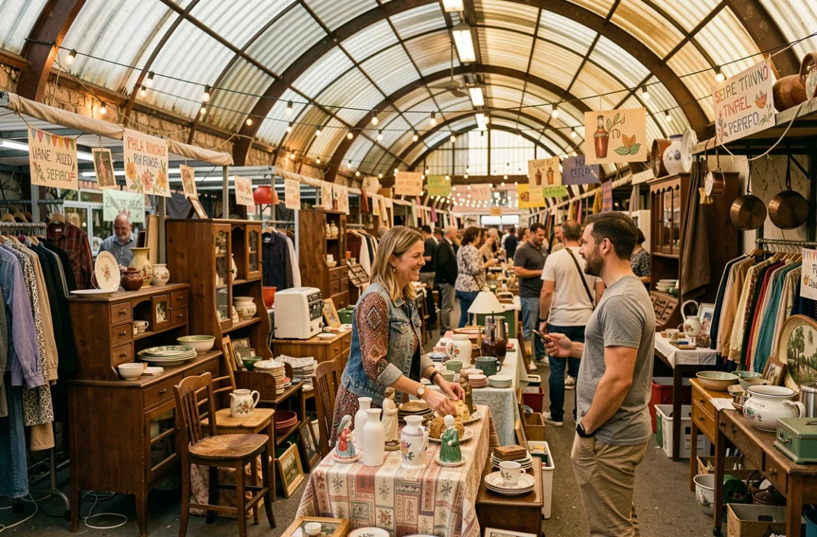 Vue d'ensemble du marché couvert Ambiance Grenier avec des exposants et visiteurs parcourant les stands de seconde main