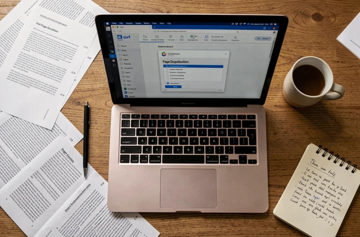 Vue de dessus d'un bureau avec un ordinateur portable affichant un outil de suppression et compression de pages PDF