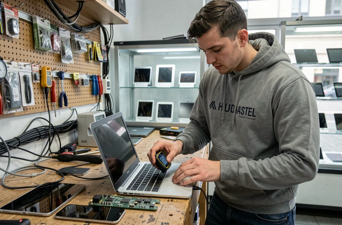 Technicien de Cash in Stras à Geispolsheim testant un ordinateur portable reconditionné sur un établi d'atelier