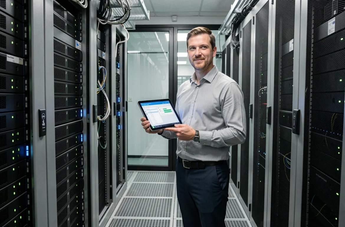 Consultant informatique dans une salle serveurs Dell PowerEdge illustrant les solutions d'infrastructure IT pour les PME
