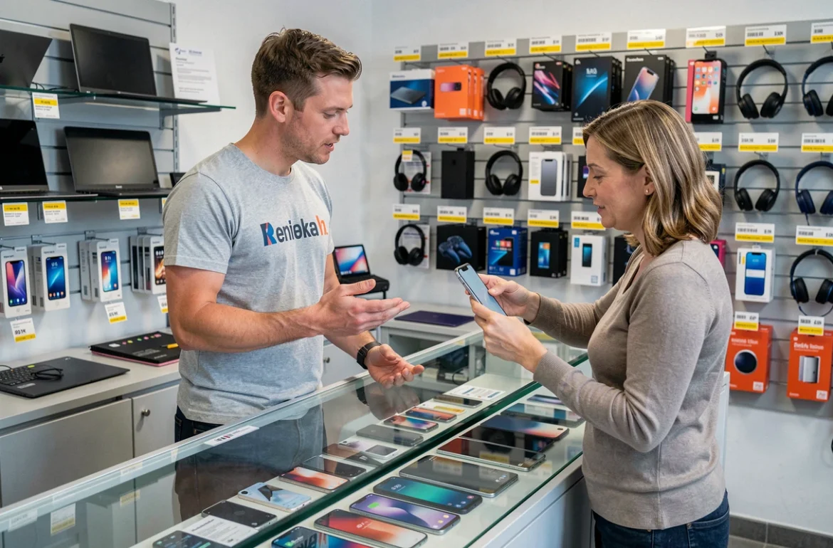 Vendeur d'Easy Cash Strasbourg Vendenheim présentant un smartphone reconditionné à une cliente dans le rayon multimédia