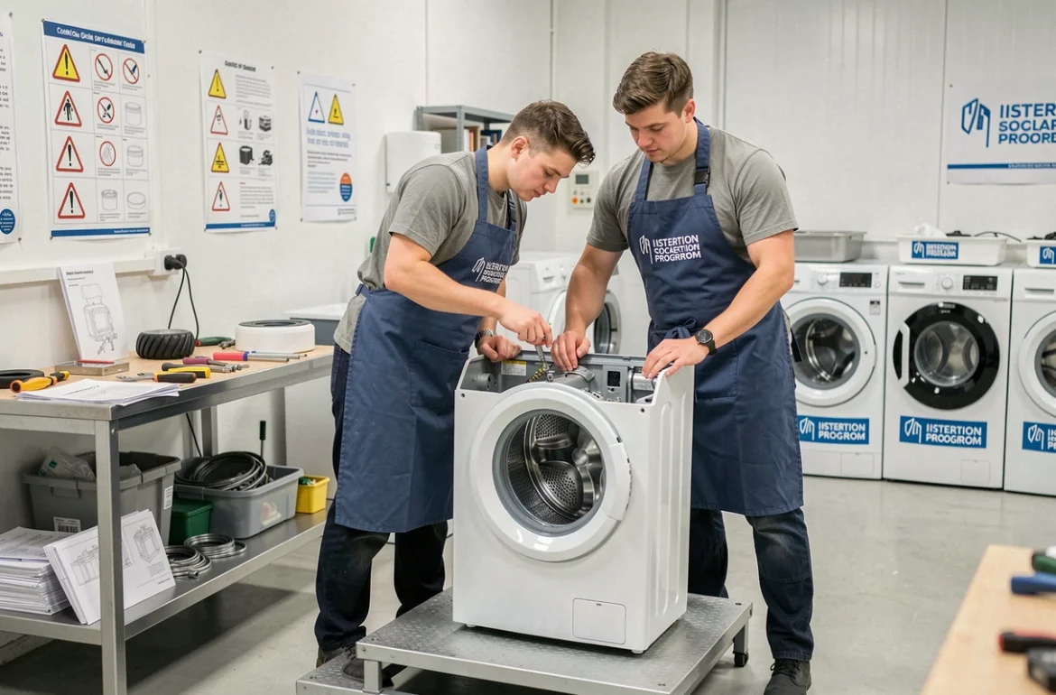 Travailleurs en insertion d'Envie Alsace remontant un lave-linge reconditionné dans l'atelier de réparation à Strasbourg