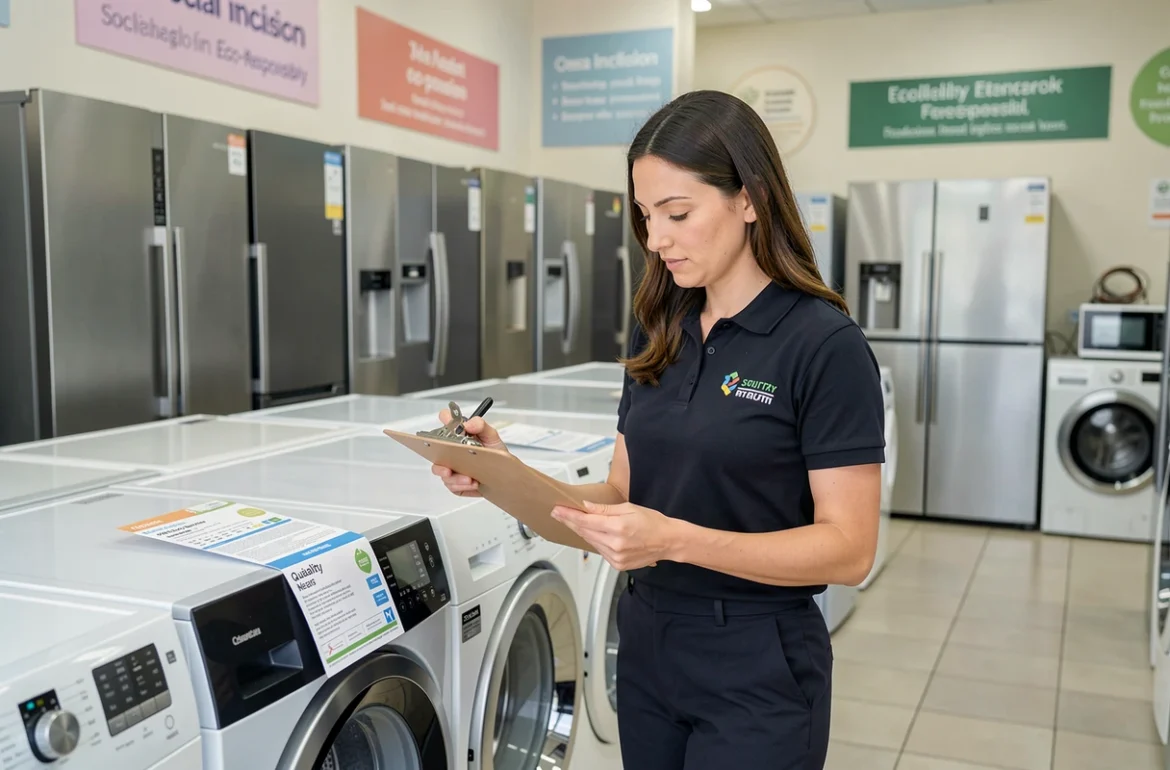 Employée d'Envie Lorraine vérifiant un électroménager reconditionné garanti dans le magasin solidaire