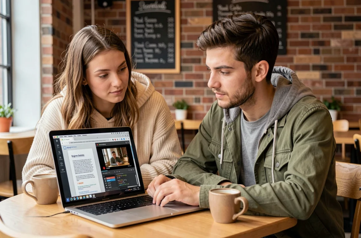 Deux jeunes adultes comparant un cours PDF et une vidéo tutoriel informatique pour débutants sur un ordinateur portable dans un café