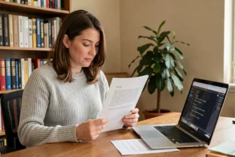 Femme adulte comparant un cours d'informatique en PDF imprimé et un tutoriel vidéo sur son ordinateur portable dans un bureau à domicile