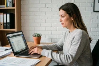Femme utilisant un logiciel de gestion PDF sur un ordinateur portable pour supprimer des pages et réduire la taille du fichier