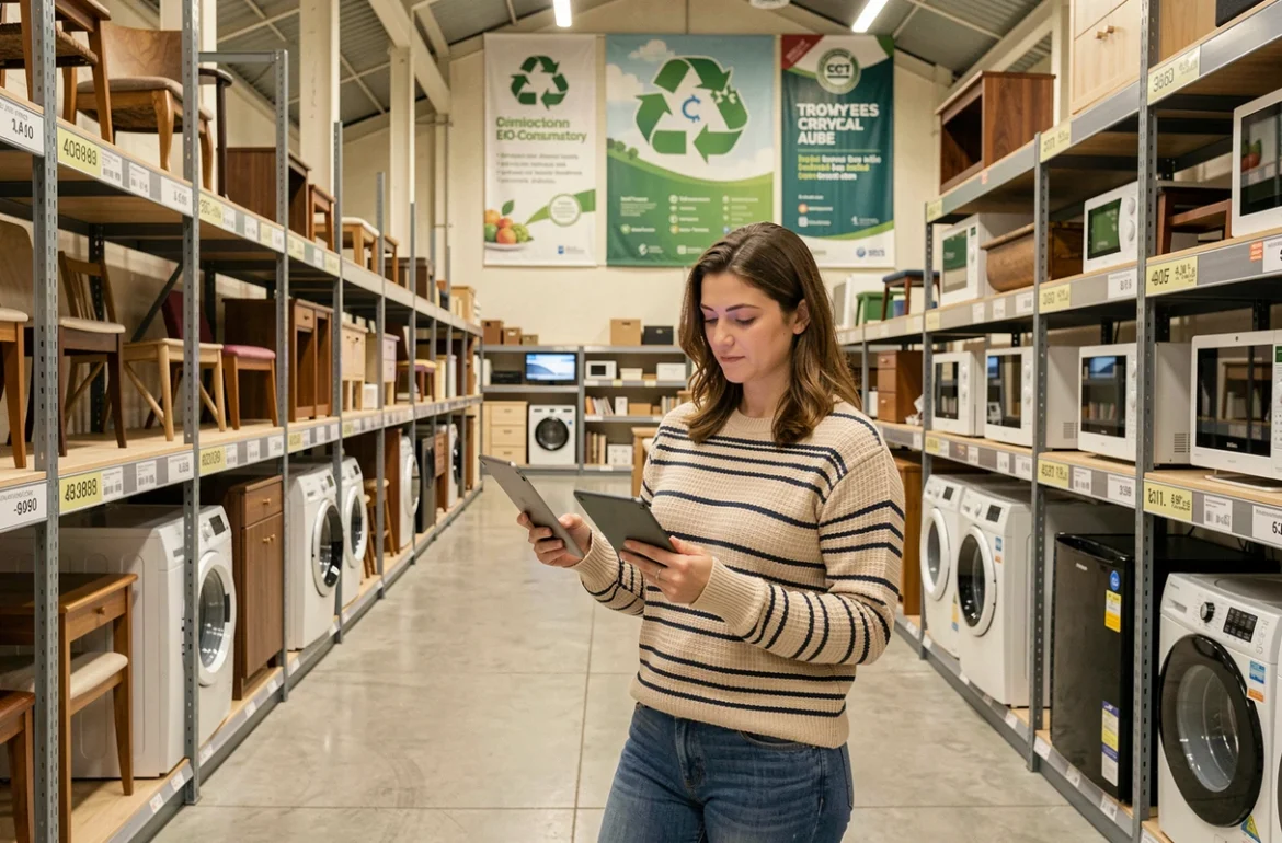Cliente de Général Troc Troyes comparant deux tablettes reconditionnées dans les rayons du magasin d'occasion dans l'Aube
