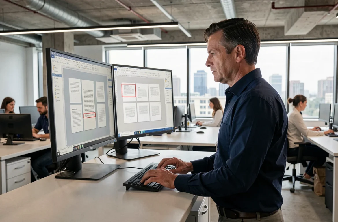 Homme professionnel supprimant des pages dans un fichier PDF sur un double écran dans un bureau moderne