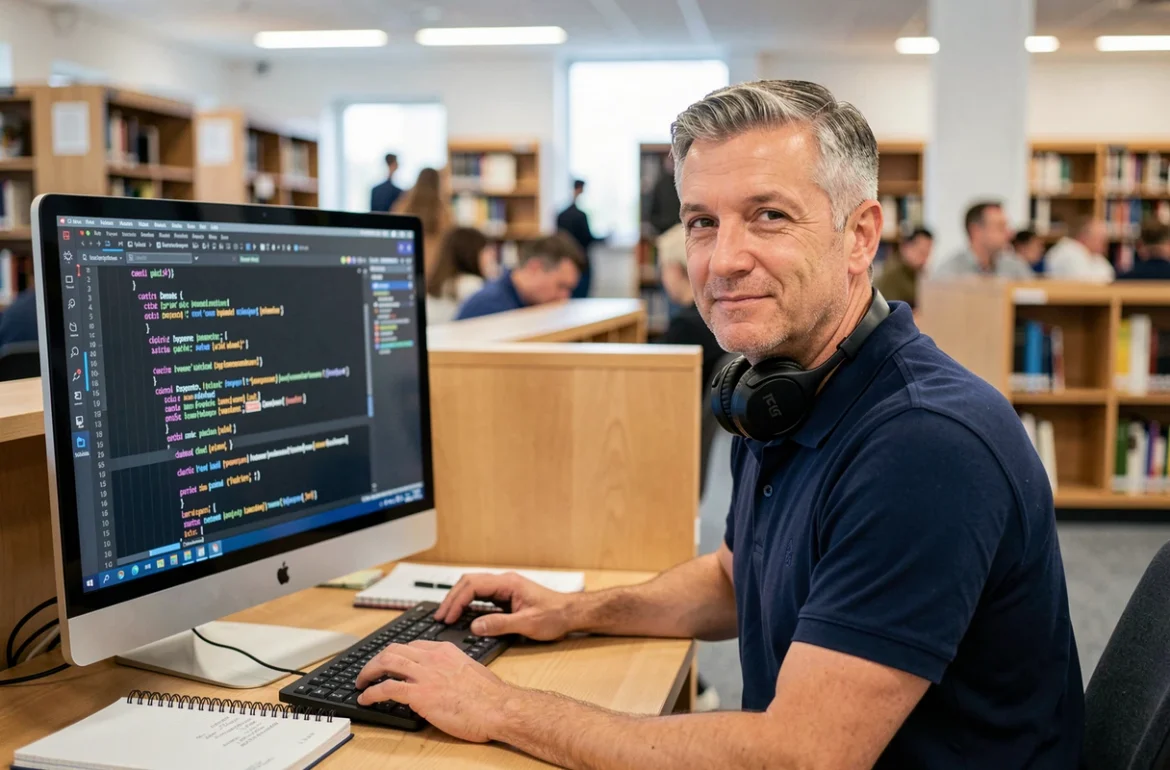 Homme adulte suivant un cours d'informatique en vidéo sur un ordinateur de bureau dans une bibliothèque publique moderne