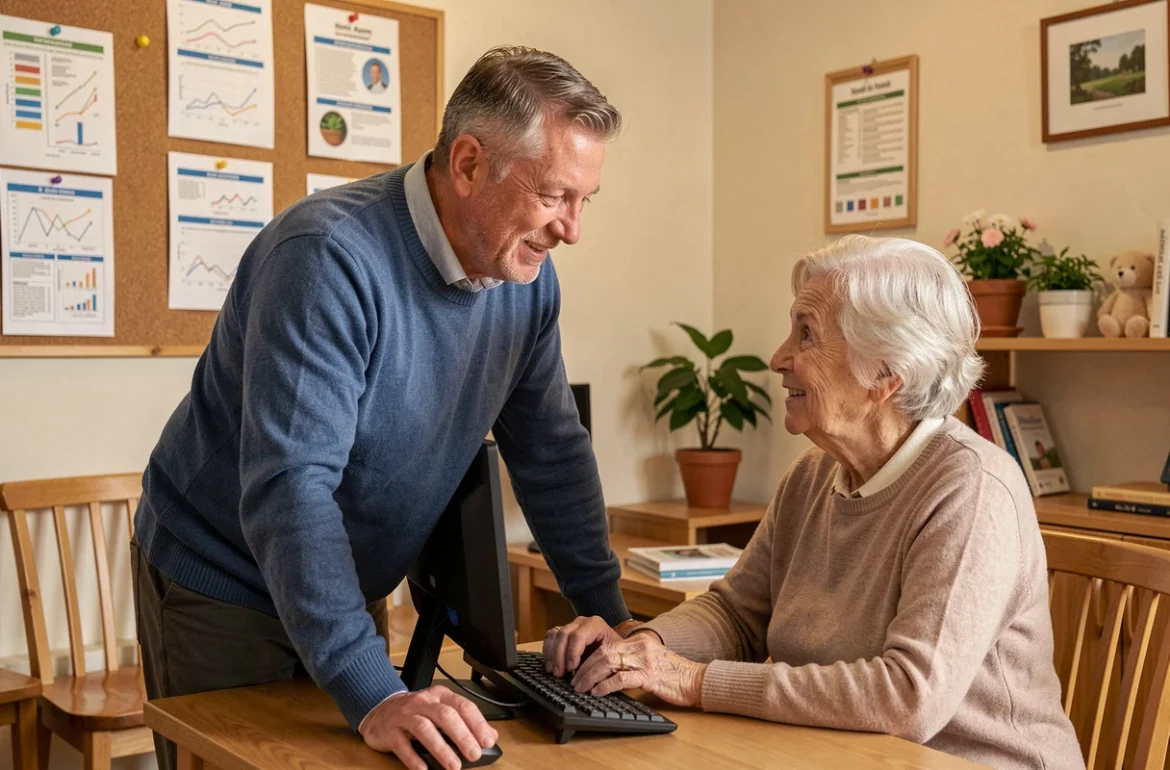 Formateur d'IFO Informatique Facile Orléans aidant une cliente senior à utiliser son ordinateur