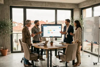 Équipe d'une agence digitale marseillaise collaborant autour d'un écran affichant un projet WordPress dans un bureau moderne avec vue sur la ville