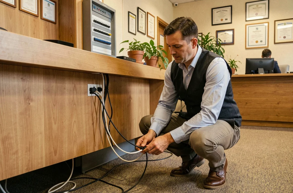 Technicien MH Tech installant des câbles réseau dans les locaux d'une petite entreprise du Loiret